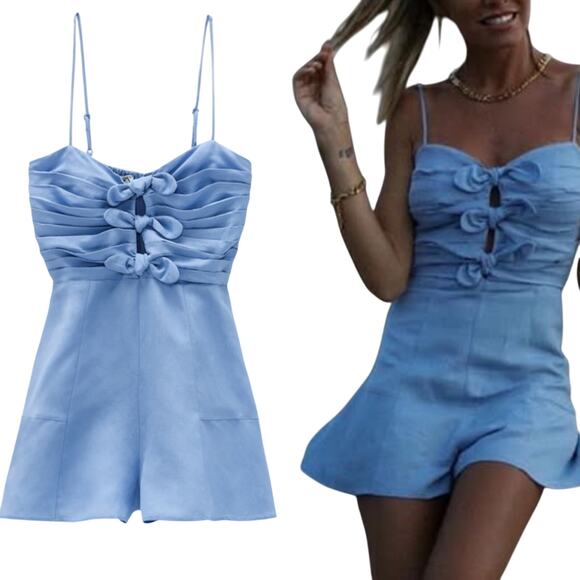 Zara Cut Out Bow Front Romper Linen Blend Chambray Blue Blogger Fave Womens S - Picture 1 of 12